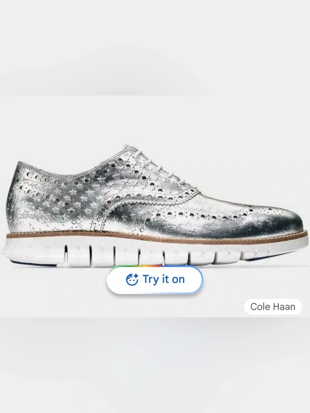 RARE Cole Haan Men's Zerogrand Wingtip Silver Metallic Star Shoes 12m No Laces